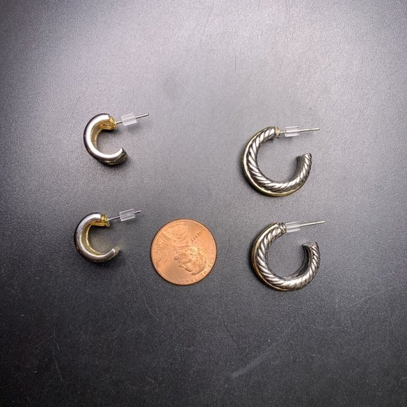 Two Tone Hoop Earrings Lot Silver Gold Color Mixed Metal Pierced - Picture 7 of 9